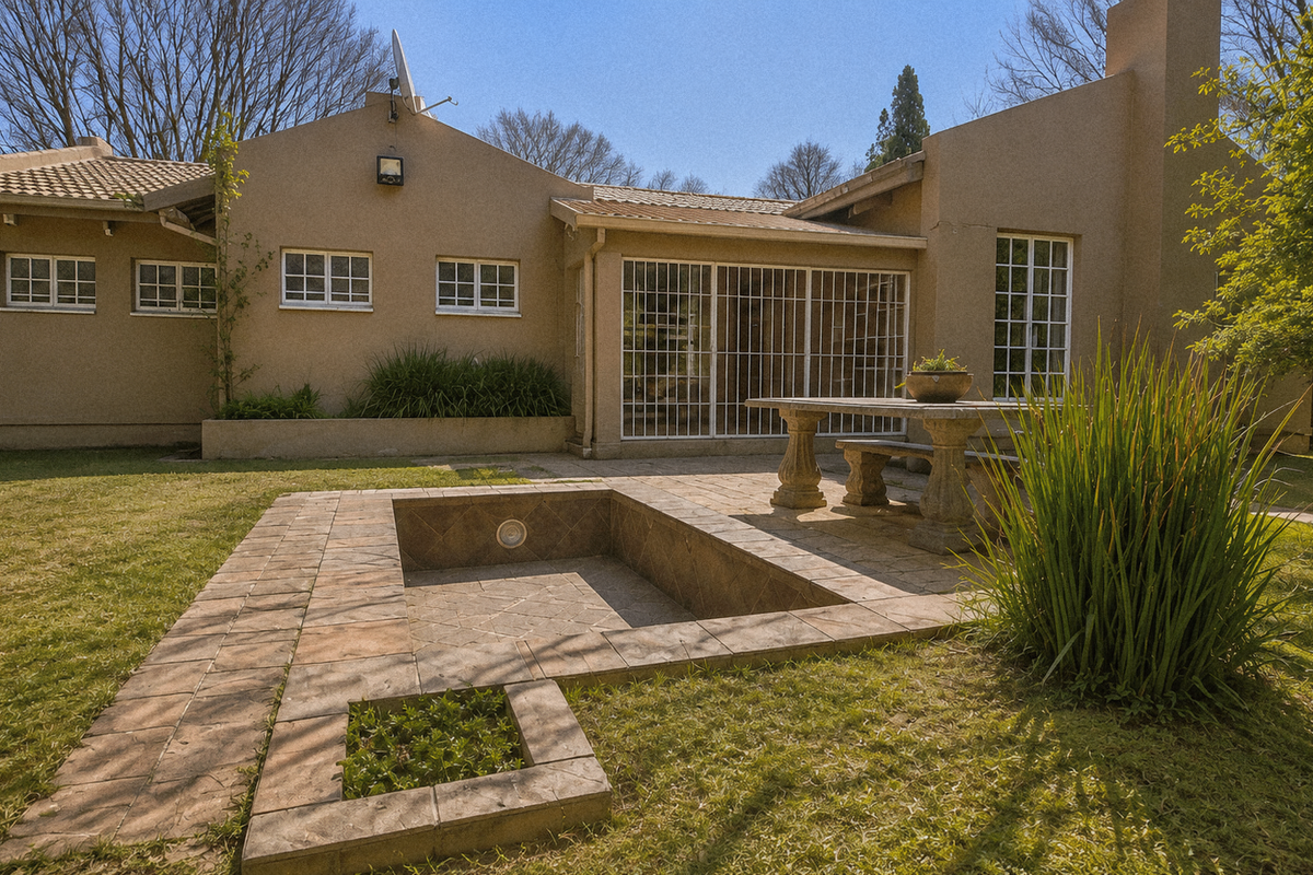 Rear exterior view featuring a paved patio area, a small tiled swimming pool, and a garden setting with established trees.