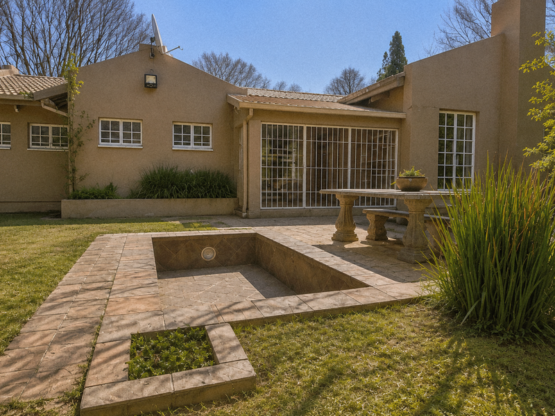 Rear exterior view featuring a paved patio area, a small tiled swimming pool, and a garden setting with established trees.