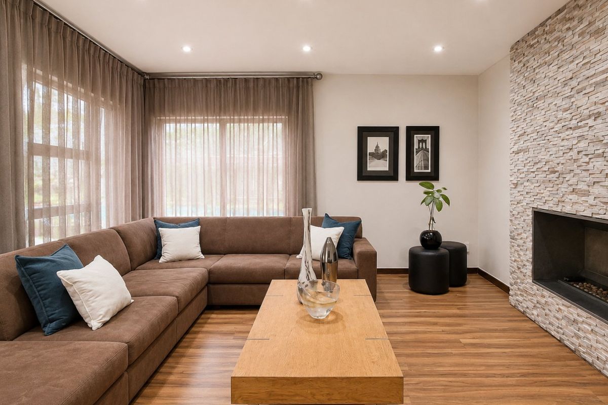 A modern living room featuring a stone-clad fireplace, recessed downlighting, and warm-toned laminate flooring with floor-to-ceiling window treatments.