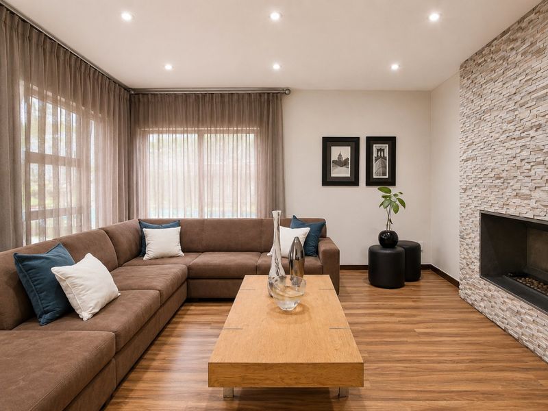 A modern living room featuring a stone-clad fireplace, recessed downlighting, and warm-toned laminate flooring with floor-to-ceiling window treatments.