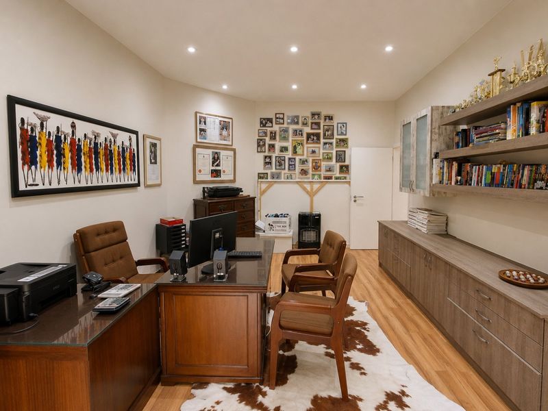 A well-appointed home office featuring custom built-in cabinetry, floating shelving, recessed lighting, and durable laminate flooring.