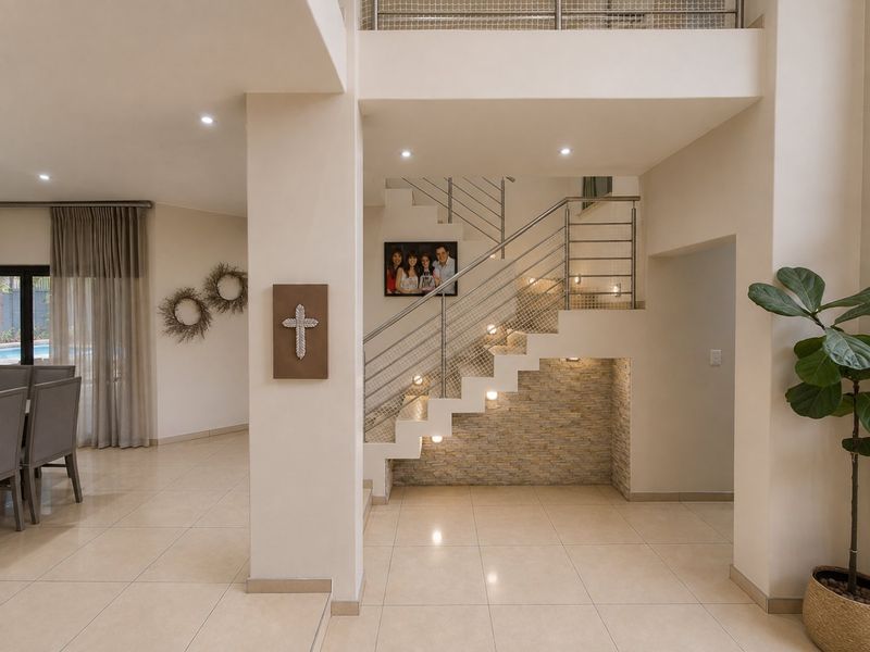 Spacious entrance hall featuring a modern staircase with stainless steel balustrades, stone cladding accents, and polished tile flooring.