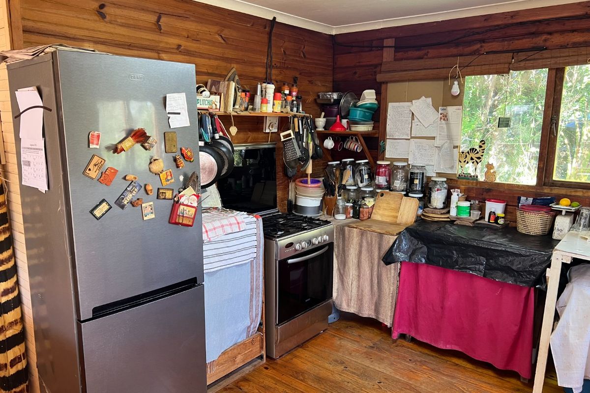 A rustic kitchen featuring timber wall cladding, timber flooring, and a freestanding gas stove with open shelving storage.
