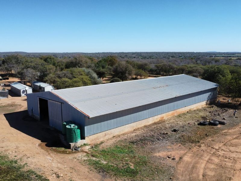 Aerial view of a large corrugated metal farm shed with external water storage tanks, situated on a rural property.