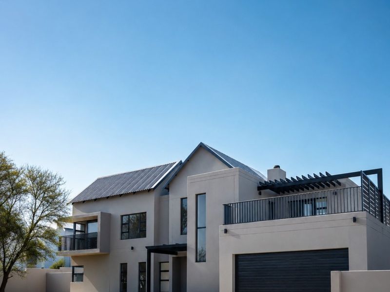 Modern double-story residence featuring a contemporary facade, metal roofing, integrated double garage, and an upper-level balcony with pergola.