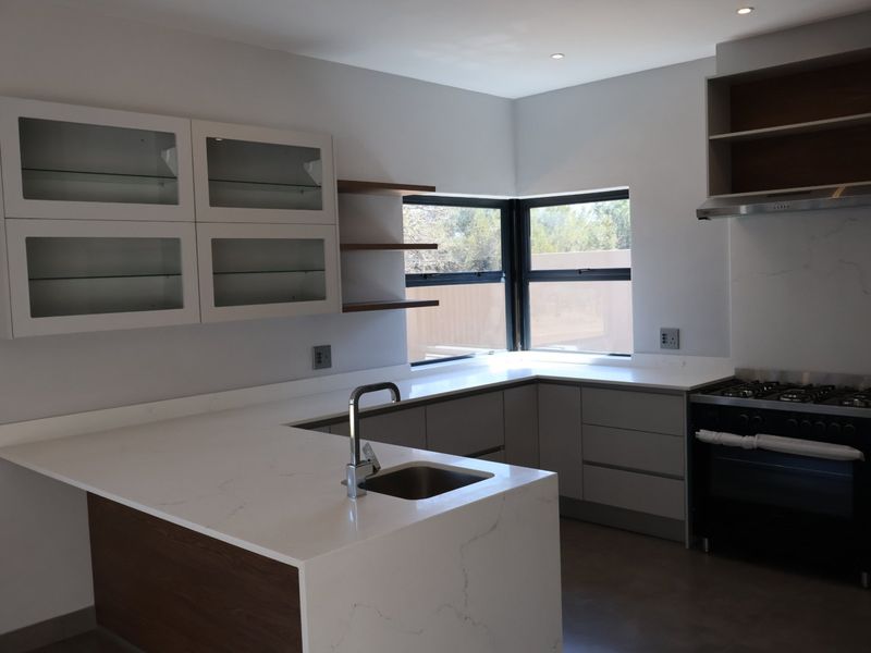 Modern kitchen featuring sleek grey cabinetry, white quartz countertops, an undermount sink, and a built-in gas stove with an extractor fan.