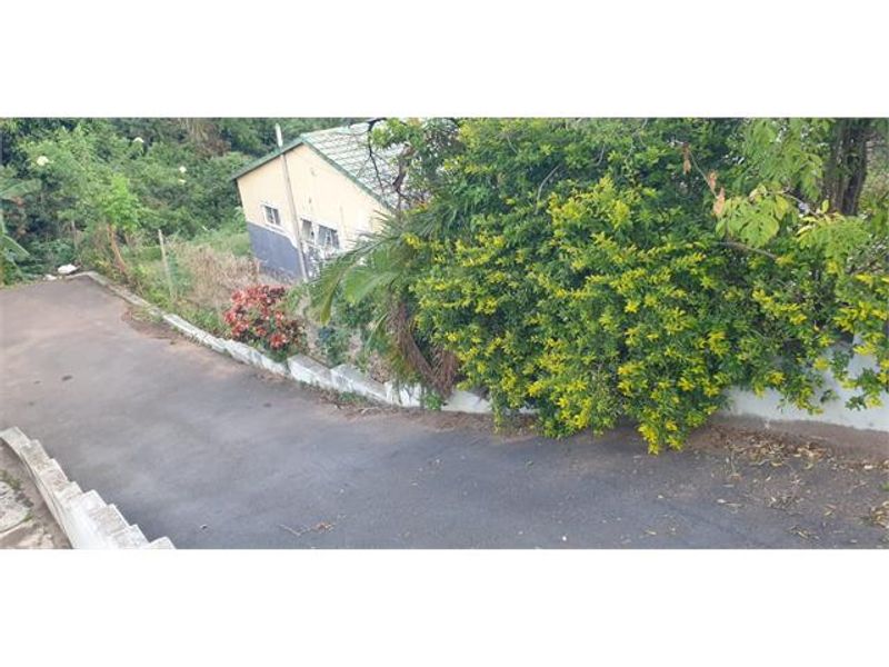 An exterior view of the property showing the asphalt driveway, retaining wall, and surrounding garden area.