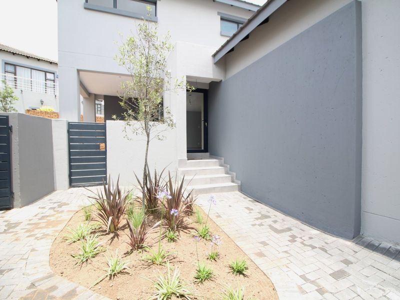 Modern front entrance featuring a paved walkway, landscaped garden bed, and clean architectural lines leading to the main door.