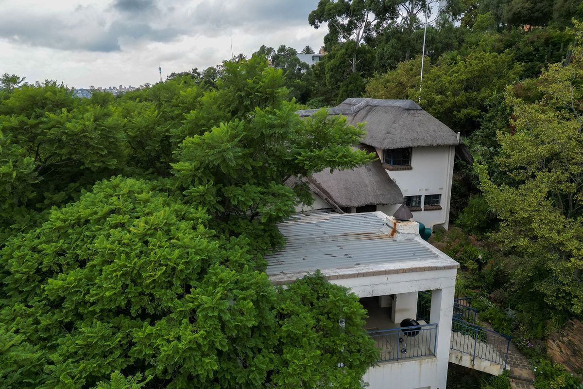 Aerial view of a multi-level property featuring a traditional thatched roof, corrugated metal roofing, and an elevated balcony nestled in a lush, wooded setting.
