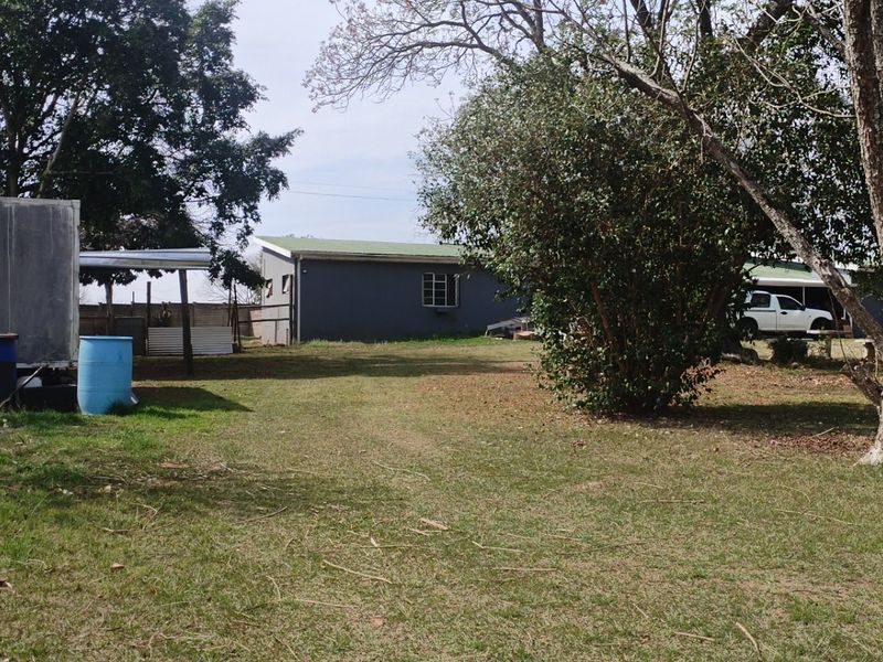 A spacious backyard area featuring established trees, lawn, and perimeter fencing, providing a large outdoor space with potential for landscaping.