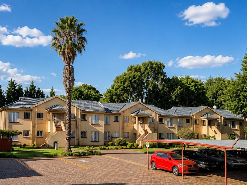 A well-maintained apartment complex featuring a paved parking area, covered carports, and established garden landscaping with mature trees.