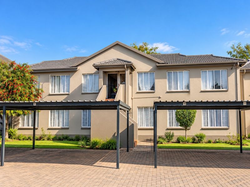 Front elevation of a multi-story apartment building featuring a paved driveway, covered carports, and well-maintained landscaped garden areas.