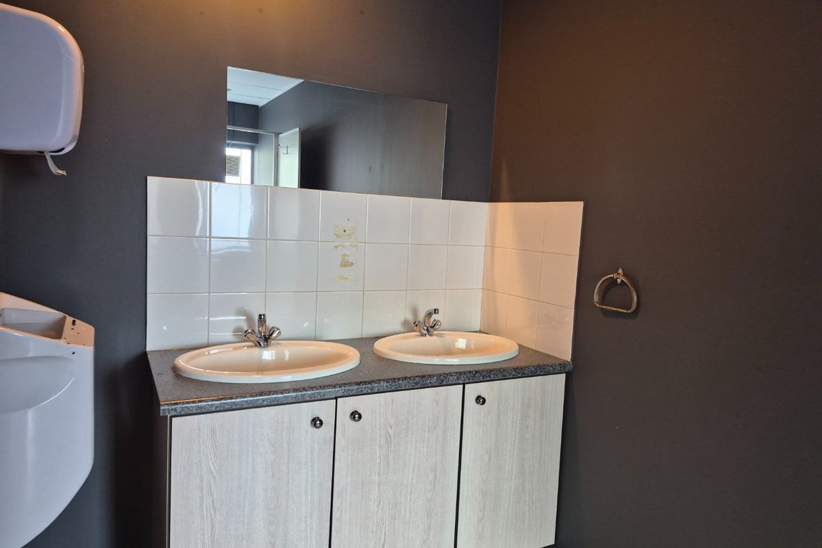 A commercial bathroom vanity area featuring a double sink setup with light wood-finish cabinetry, chrome fixtures, and a tiled splashback.