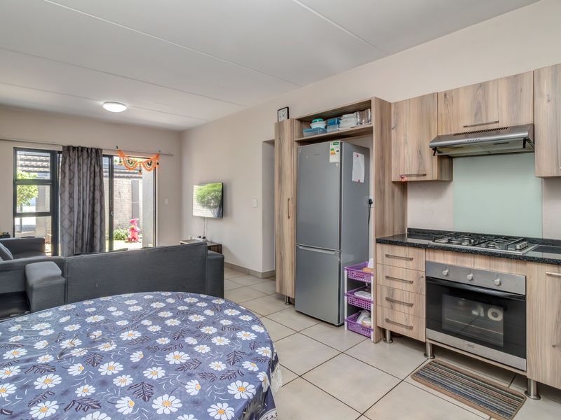 Open-plan living area featuring a modern kitchen with wood-finish cabinetry, gas hob, and oven, flowing into a lounge space with access to the patio.