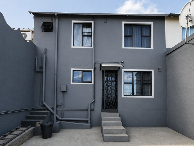 Rear exterior view of a two-story house featuring a concrete courtyard, external plumbing, security gate, and aluminium-framed windows.