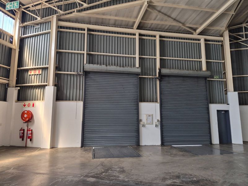 Spacious industrial warehouse interior featuring high ceilings with exposed steel trusses, dual roller shutter doors, and durable concrete flooring.
