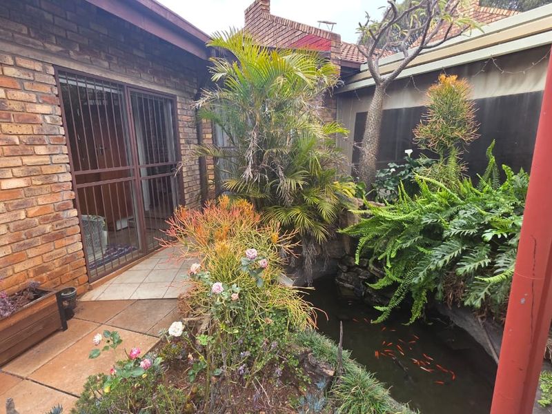 A rear courtyard area featuring a brick facade, tiled patio access, and a built-in fish pond surrounded by established garden landscaping.
