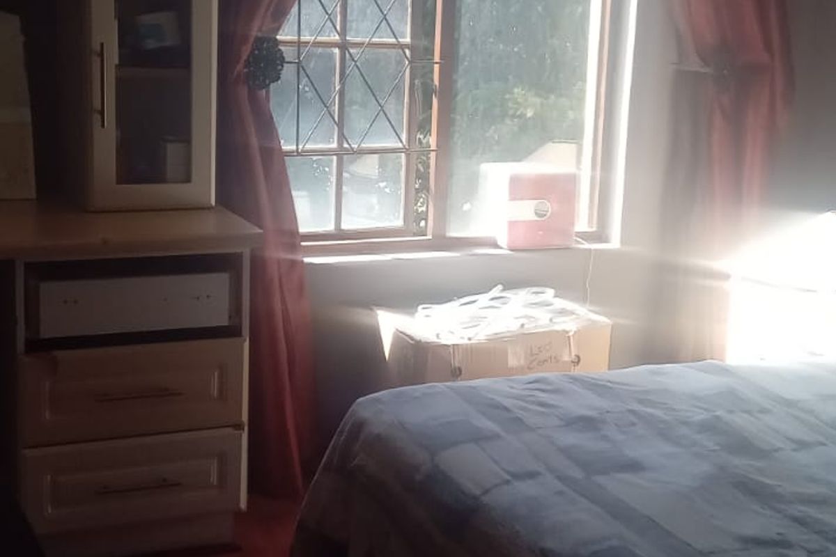 A bedroom featuring laminate flooring, a ceiling fan, and built-in cabinetry, with natural light entering through a window fitted with security bars.