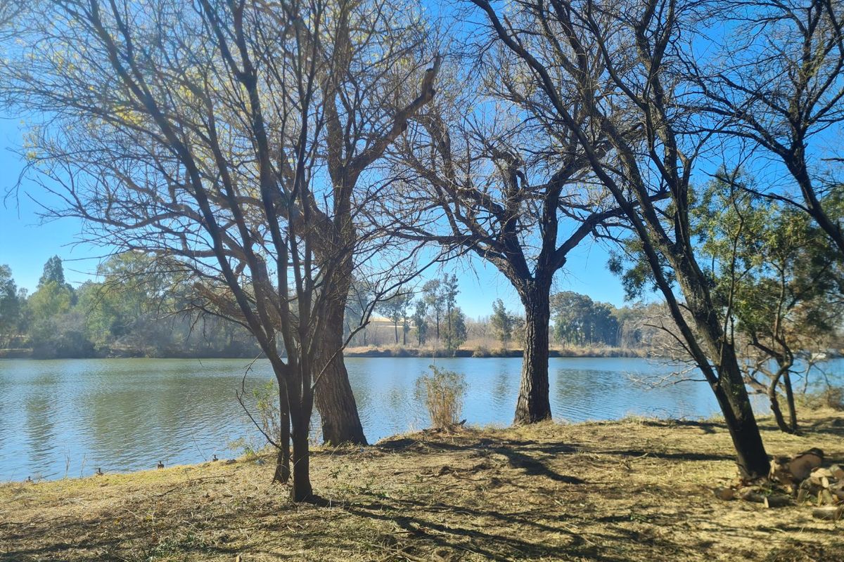 A scenic view of the riverbank featuring mature trees and natural landscape, highlighting the peaceful waterfront setting of the vacant land.