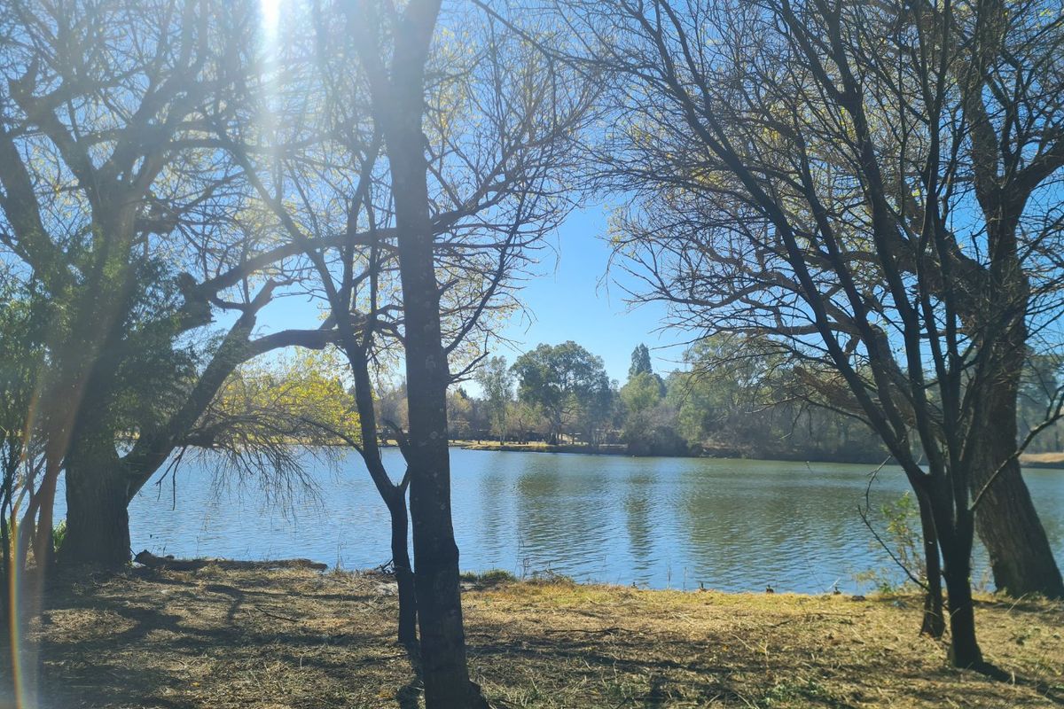 A scenic view of a tranquil lake framed by mature trees, highlighting the natural beauty and peaceful setting of the property.