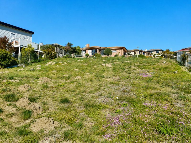 A view of a sloped, grass-covered vacant residential plot with surrounding boundary fencing and neighbouring properties visible in the background.