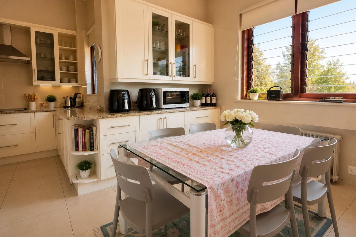A well-maintained kitchen featuring cream cabinetry, granite countertops, stainless steel extractor fan, and tiled flooring, with an integrated dining area and natural light.