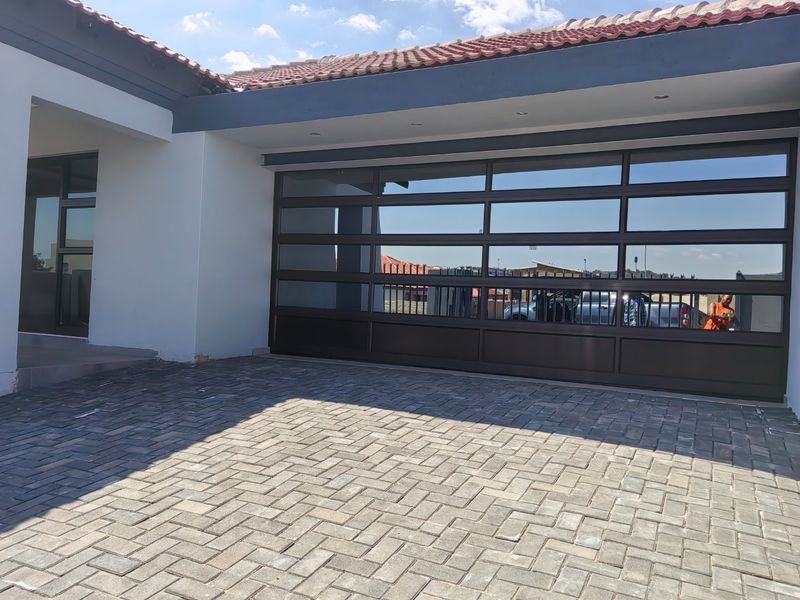 Modern front exterior featuring a paved driveway and a contemporary dark-framed sectional garage door with glass panels.