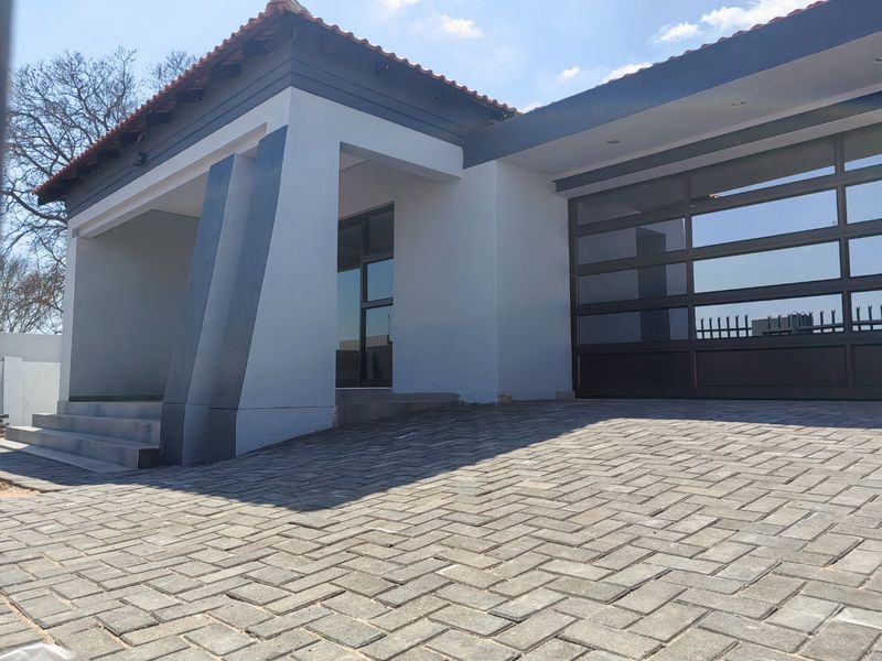 Modern front facade featuring a paved driveway, covered entrance with concrete steps, and a contemporary sectional garage door.