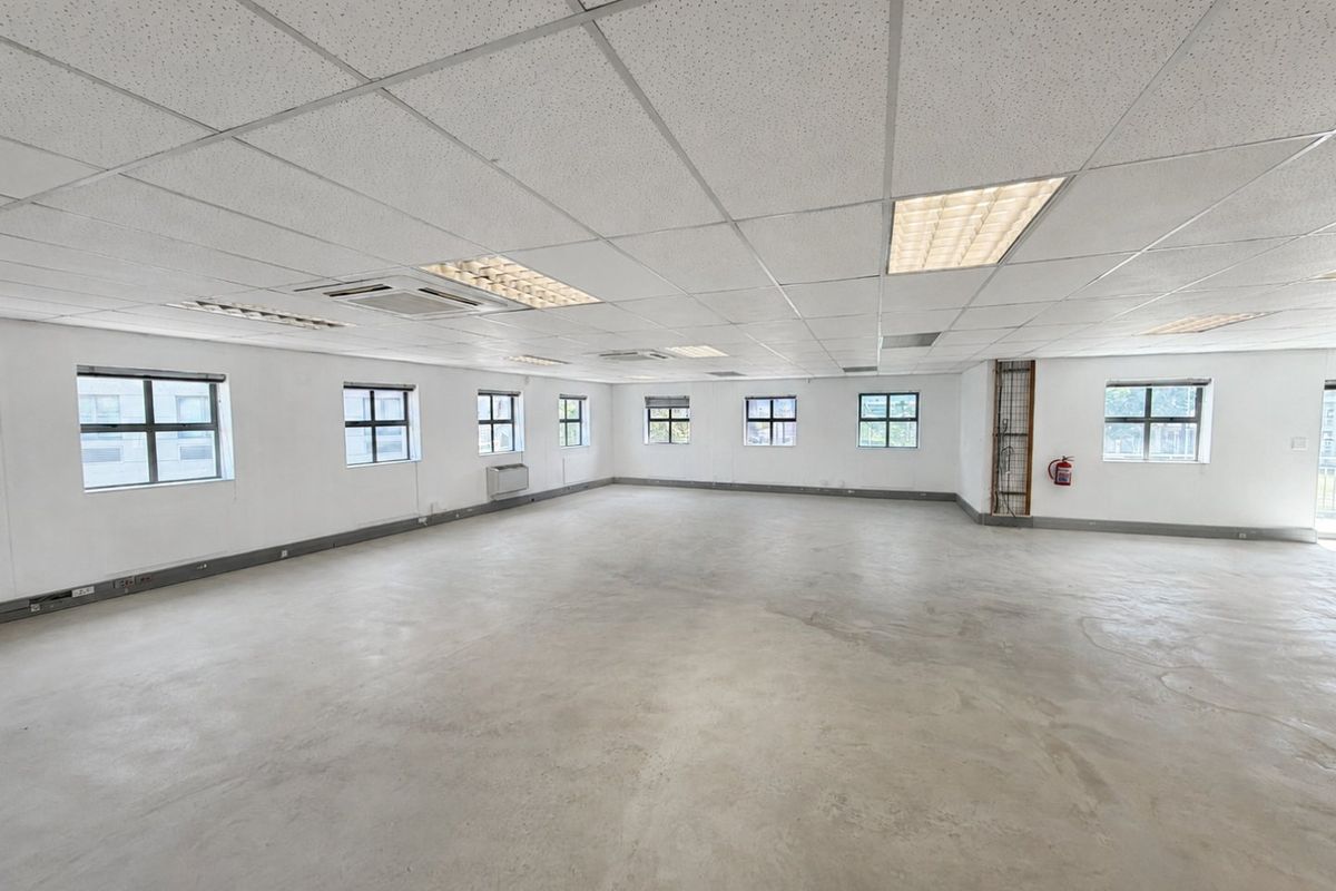 Spacious open-plan commercial office space featuring concrete flooring, suspended ceilings with recessed lighting, and multiple windows providing natural light.