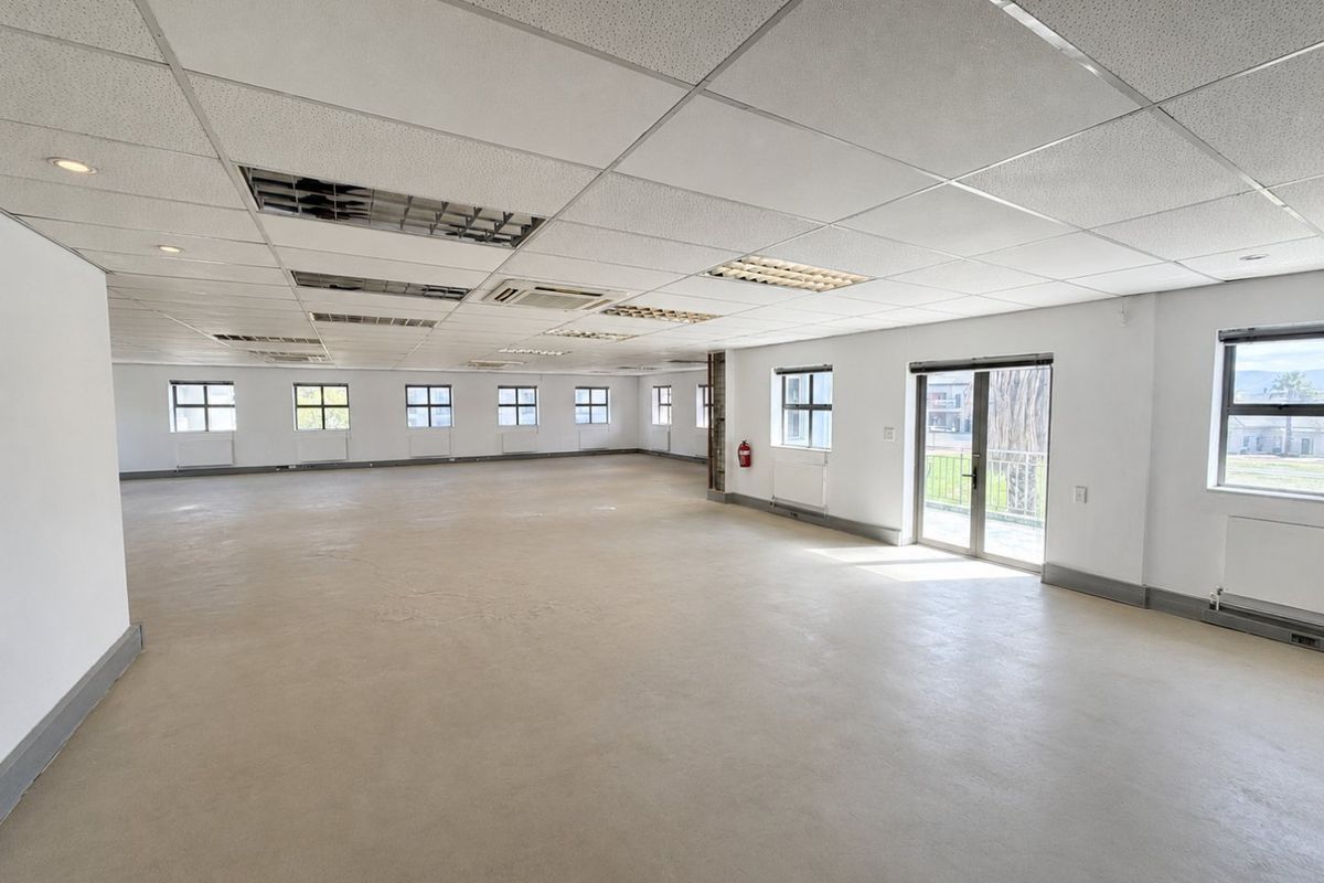 Spacious open-plan commercial office area featuring a suspended ceiling, recessed lighting, ducted air conditioning, and large windows providing ample natural light.