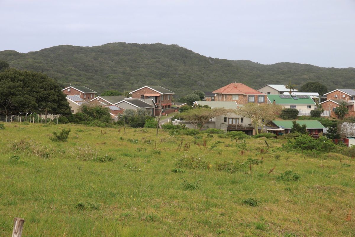 A view of an undeveloped residential plot of land with a backdrop of established homes and a forested hill.
