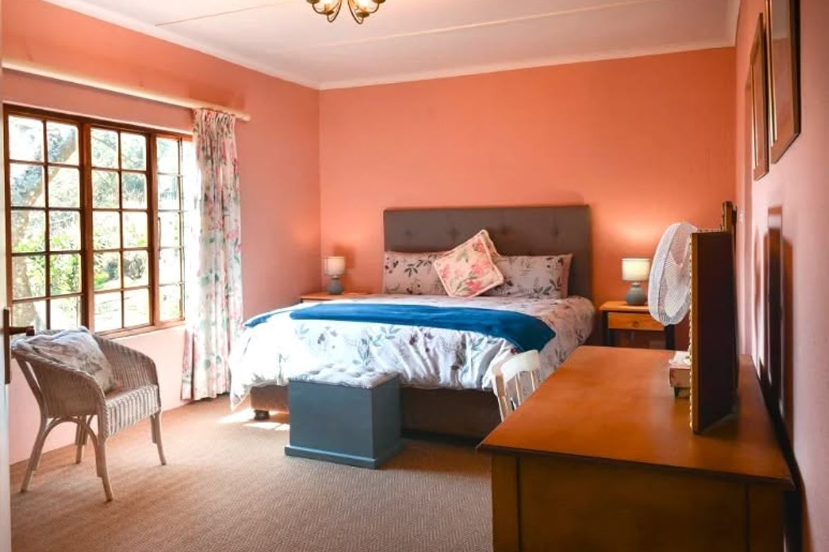 A well-lit bedroom featuring carpeted flooring, a large multi-pane timber window, and neutral wall finishes.