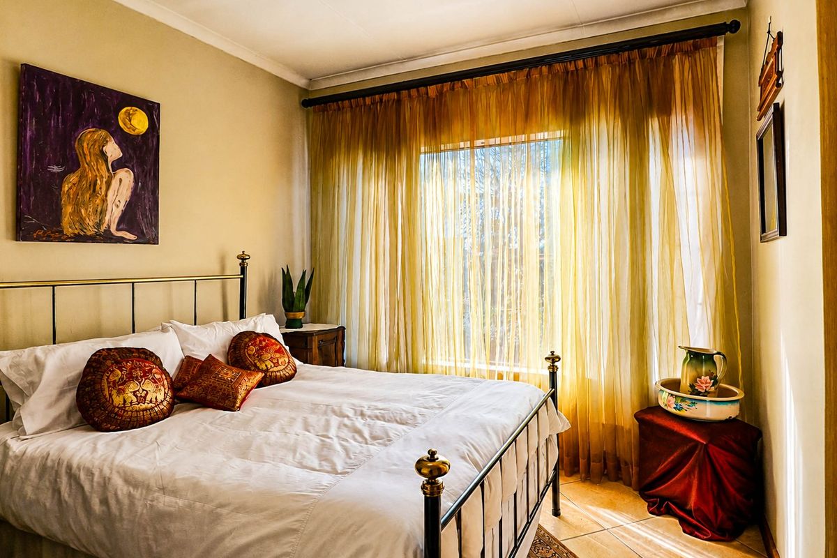 A cozy bedroom featuring tiled flooring and a large window dressed with sheer curtains, providing natural light to the space.