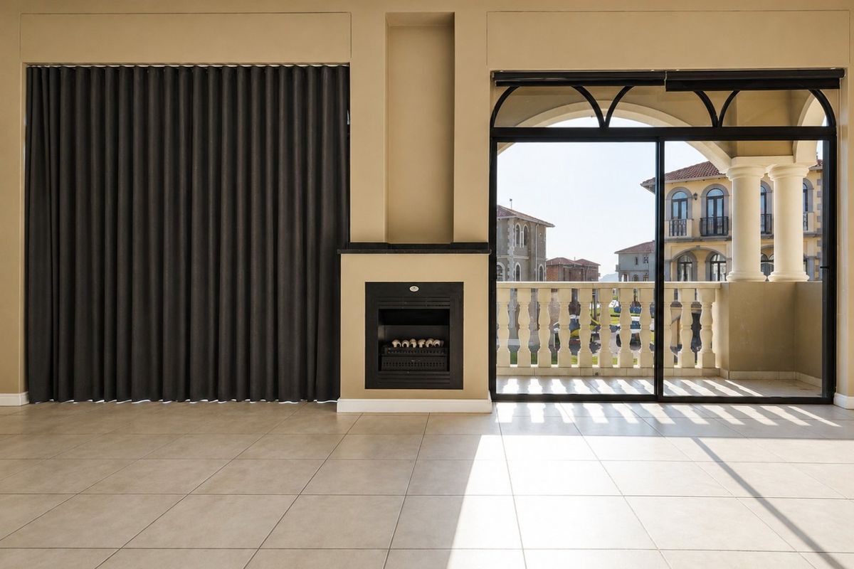 Spacious living area featuring tiled floors, a built-in fireplace, and large sliding doors opening onto a balcony with architectural balustrade detailing.