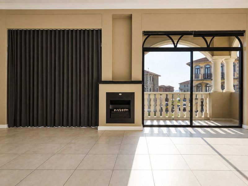 Spacious living area featuring tiled floors, a built-in fireplace, and large sliding doors opening onto a balcony with architectural balustrade detailing.