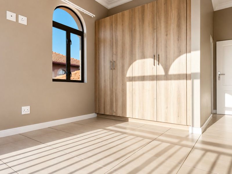 A bright, empty bedroom featuring modern wood-finish built-in cupboards, neutral tiled flooring, and an arched window allowing for natural light.