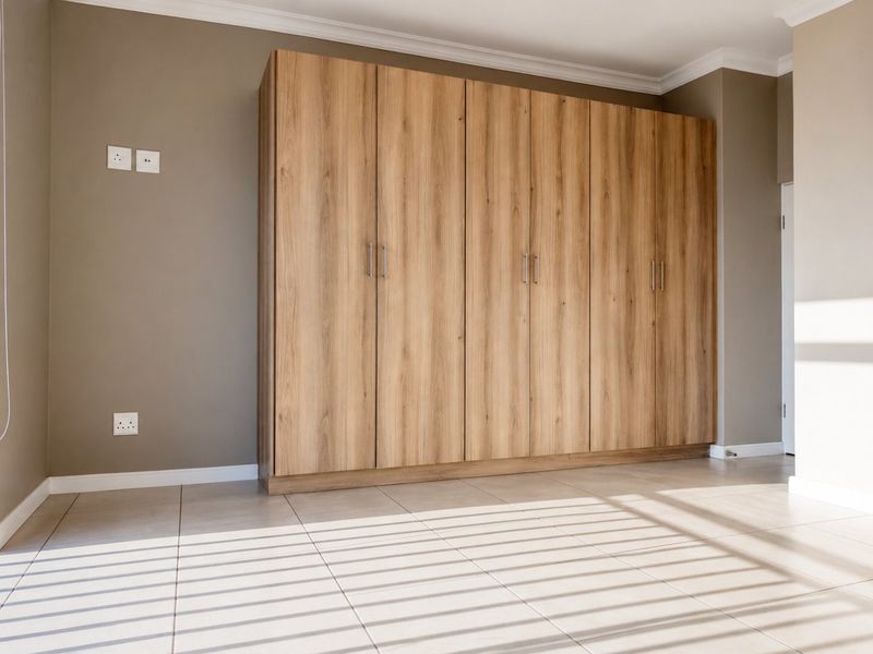 A bright, empty bedroom featuring modern wood-finish built-in cupboards, neutral wall paint, and clean tiled flooring.