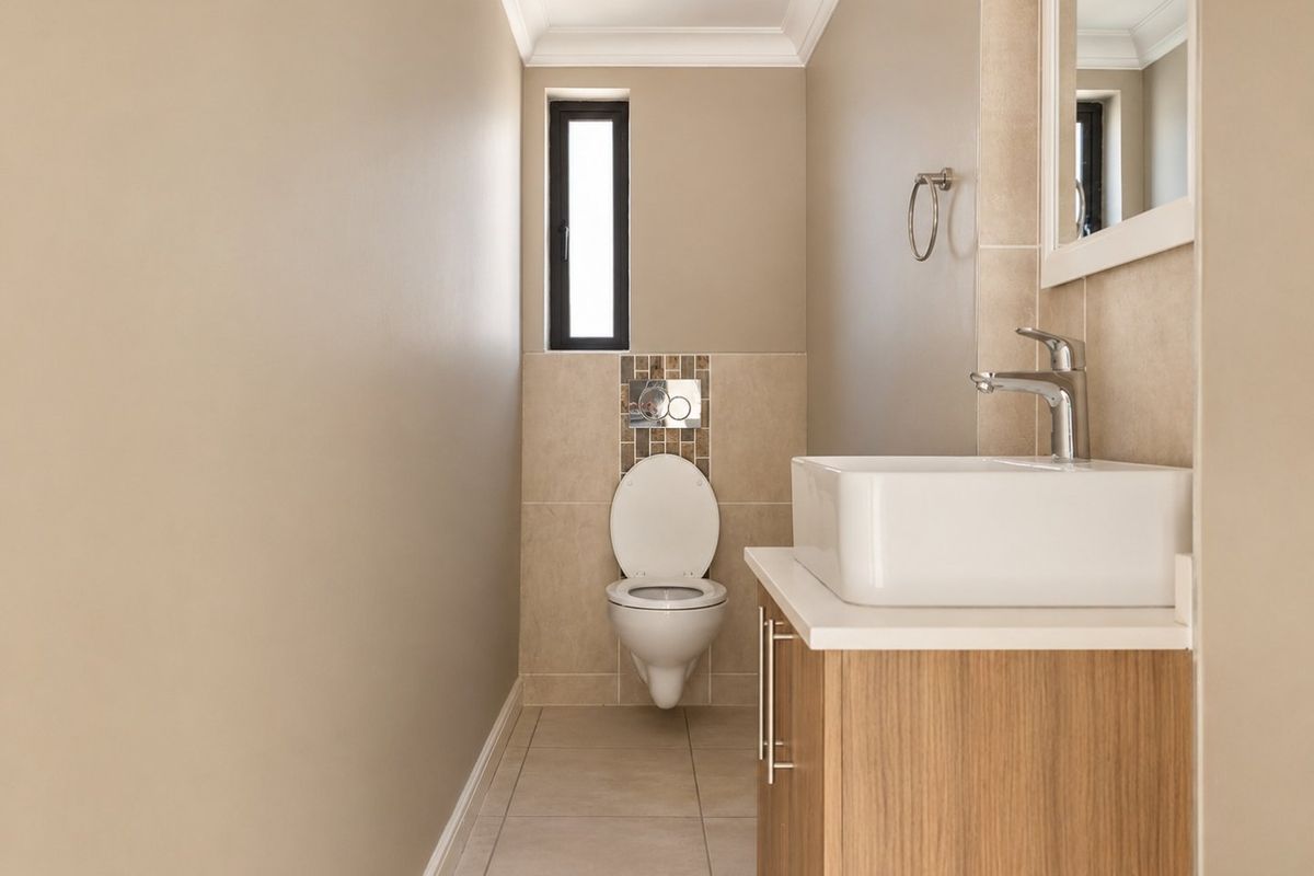A modern, well-maintained guest bathroom featuring a wall-mounted toilet, a sleek vanity with a vessel sink, and neutral tiled finishes.