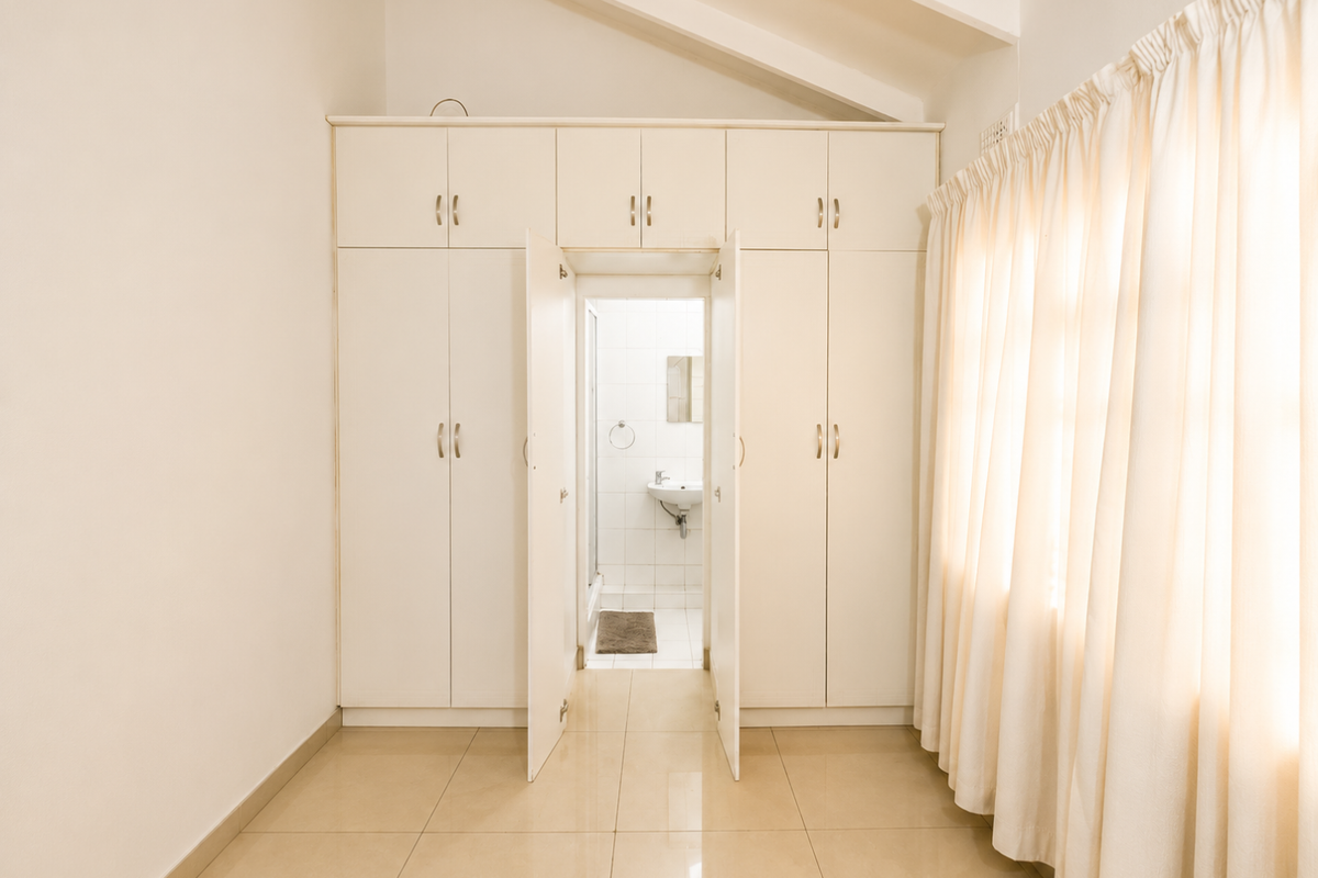 A bright, empty bedroom featuring neutral tiled flooring, vaulted ceilings, and extensive built-in cupboard storage with direct access to an en-suite bathroom.