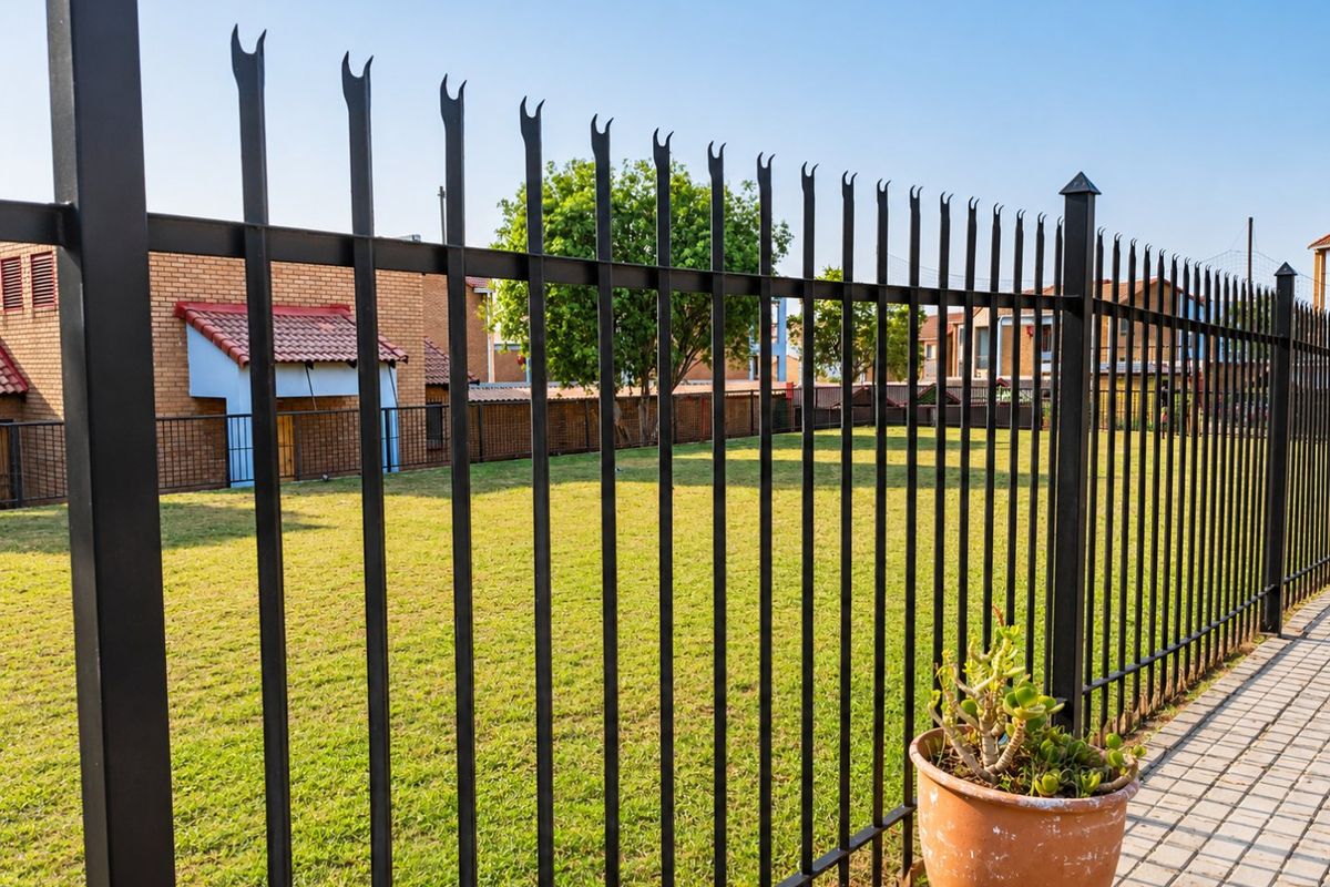 A view of a well-maintained communal lawn area enclosed by black metal security fencing, featuring a paved walkway in the foreground.