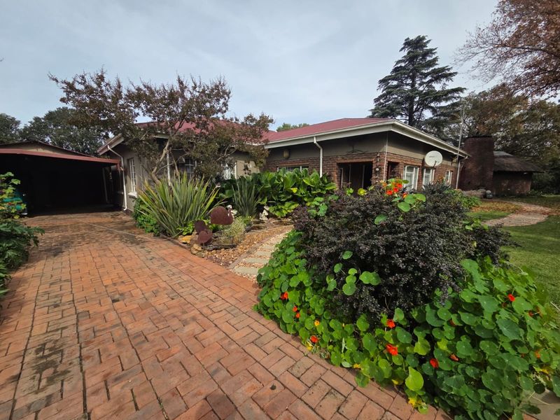 Front view of a single-story brick house featuring a paved driveway, attached carport, and established garden landscaping.