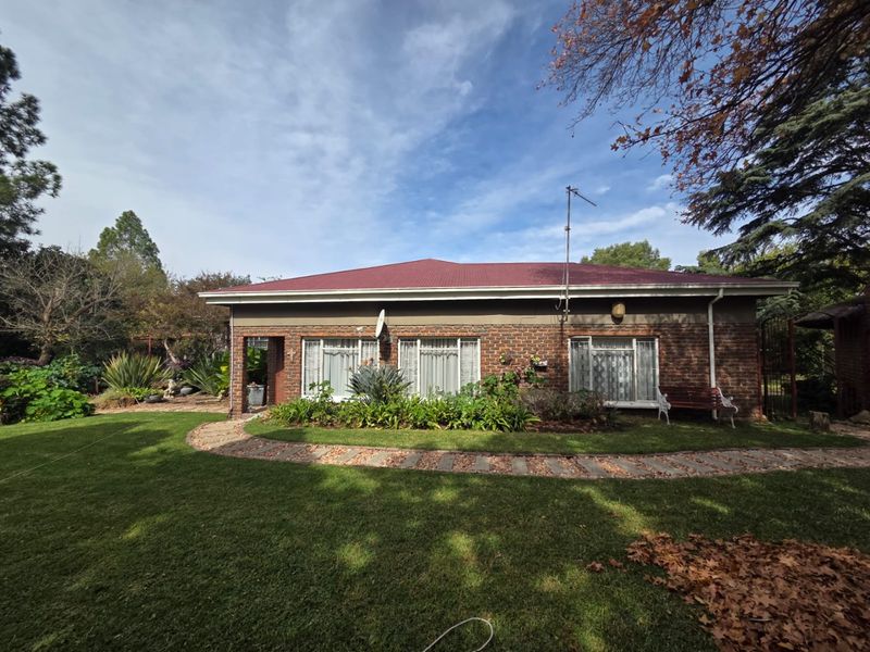 A rear view of a brick house featuring a corrugated metal roof, a paved garden path, and a well-maintained lawn.