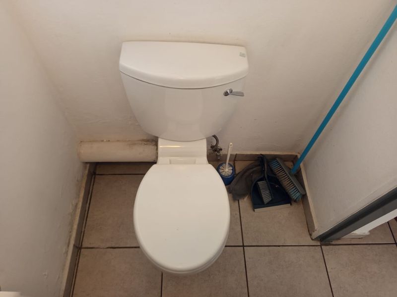 A compact bathroom featuring a standard white toilet and tiled flooring, requiring minor cosmetic updates to the wall finishes.