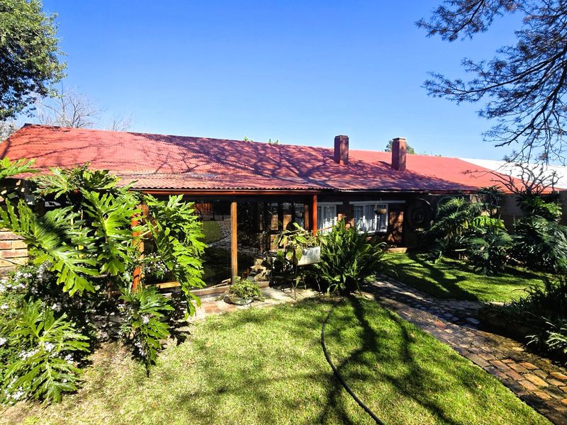 Rear view of the property featuring a red corrugated metal roof, brick chimney, and a covered patio area overlooking the garden.