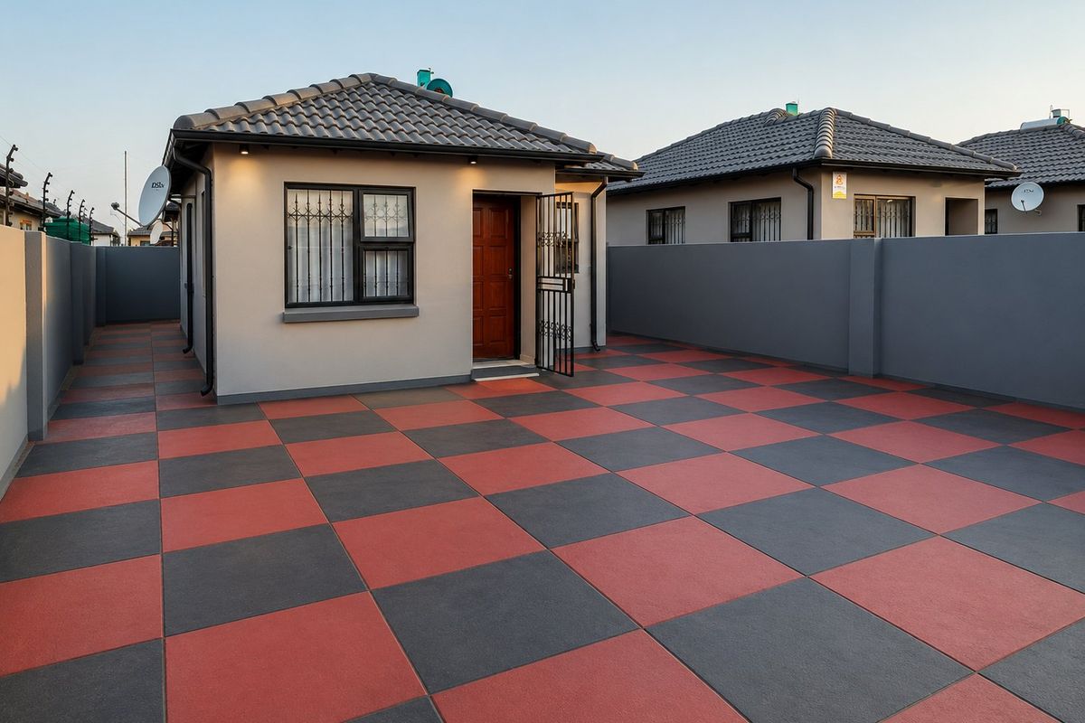 A well-maintained rear exterior view featuring a paved courtyard with a distinctive checkerboard pattern, perimeter walls, and a secure entrance.