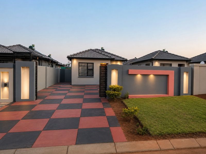 Modern front exterior featuring a checkered paved driveway, contemporary boundary wall with integrated accent lighting, and a well-maintained lawn.