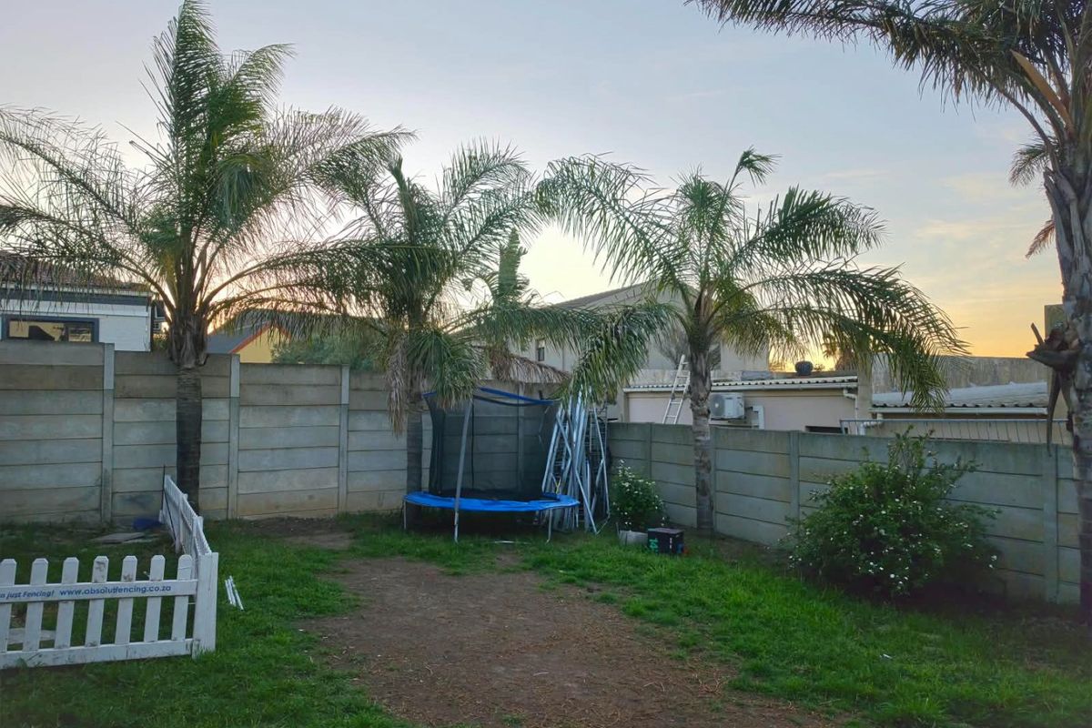 A rear garden area featuring a precast concrete boundary wall, established palm trees, and a lawn space.