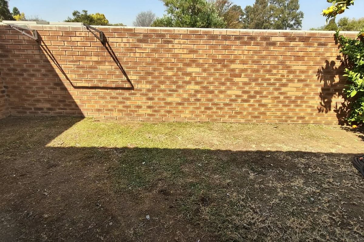 A private rear garden area featuring a brick boundary wall, a wall-mounted clothesline, and an established citrus tree.