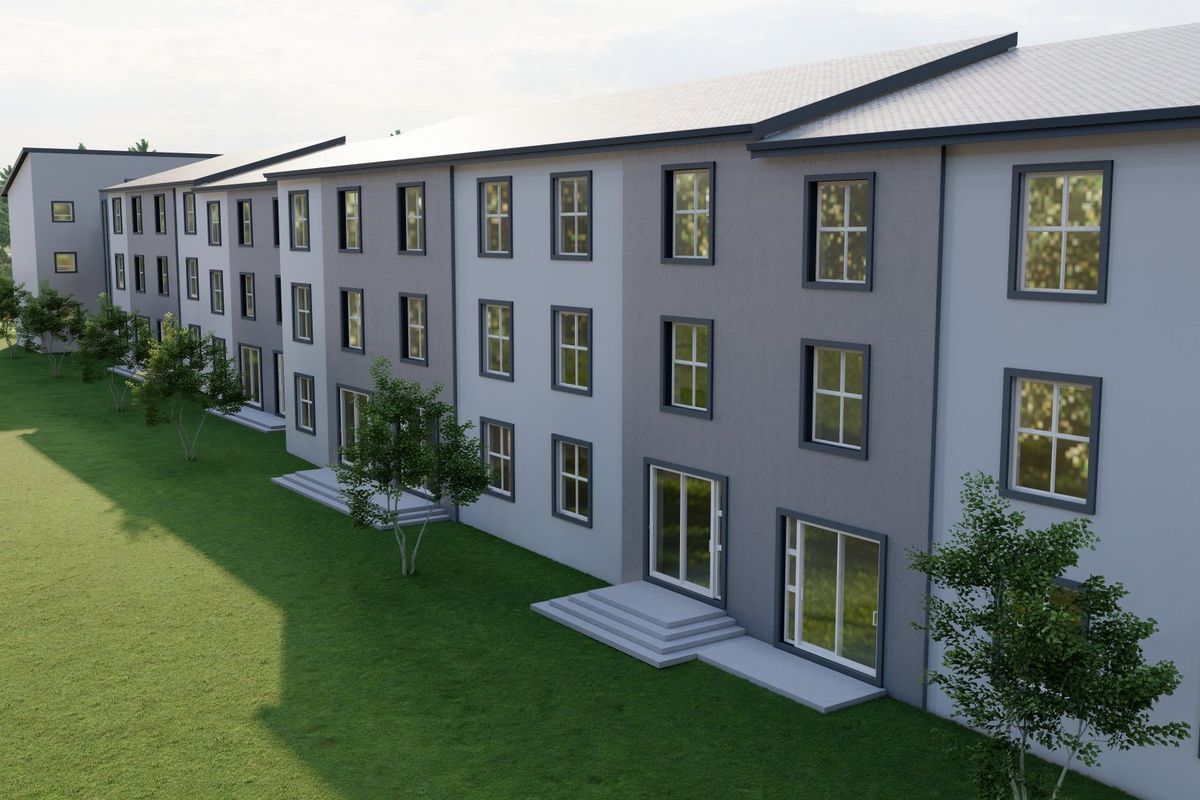 A 3D architectural rendering of a multi-story apartment building exterior featuring a modern facade, uniform window placement, and ground-level patio access.