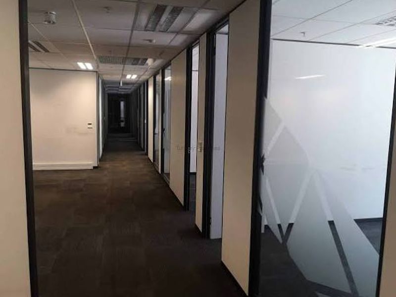 A clean, professional office hallway featuring suspended ceilings, recessed lighting, carpet tiles, and glass partition walls with frosted privacy film.